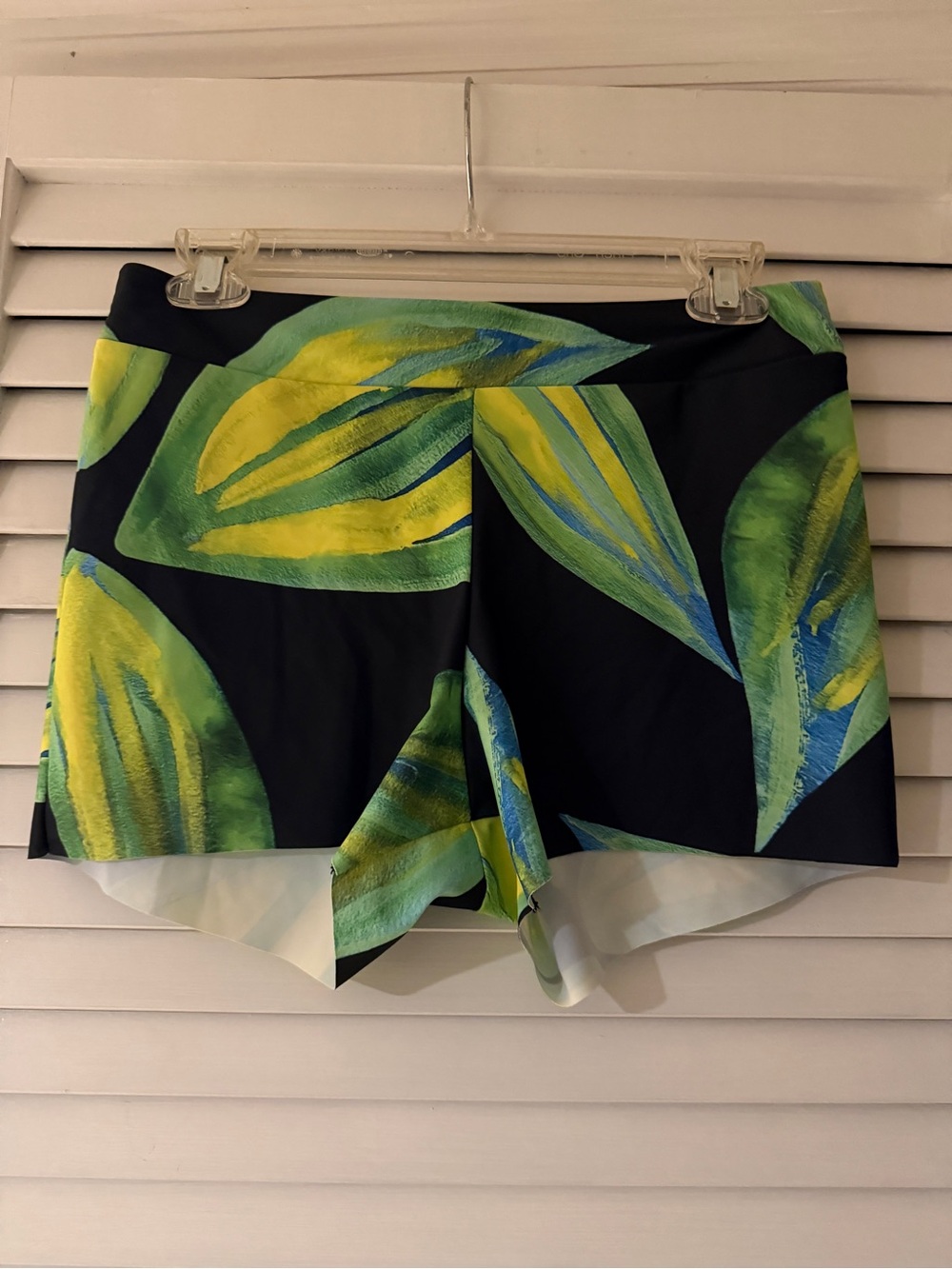Louisa Ballou Black Shorts with Green and Yellow Leaf Print